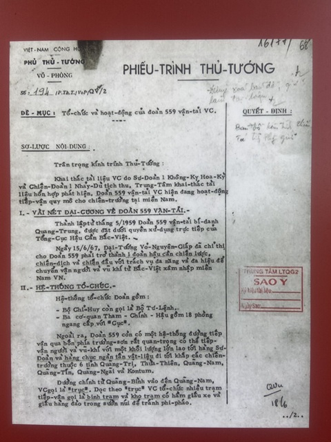 Tài liệu của Chính phủ Việt Nam Cộng hòa về tổ chức và hoạt động của Đoàn 559, năm 1967 Tài liệu của Chính phủ Việt Nam Cộng hòa về tổ chức và hoạt động của Đoàn 559, năm 1967
