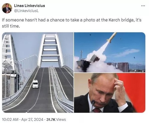 Cầu Crimea sắp bị tấn công lớn?- Ảnh 2. Ảnh chụp màn hình bài đăng của Đại sứ Litva tại Thụy Điển Linas Linkevičius trên mạng xã hội X hôm 27-4 - Ảnh: RIA NOVOSTI