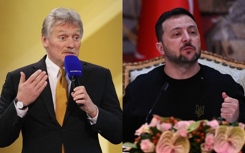 Điện Kremlin: Quân Ukraine đang hoảng loạn, Nga tiếp tục tấn công- Ảnh 1. Người phát ngôn Điện Kremlin Dmitry Peskov (trái) và Tổng thống Ukraine Volodymyr Zelensky - Ảnh: AFP