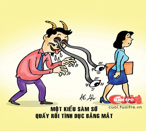 Muôn kiểu quấy rối tình dục nơi công sở- Ảnh 1. Một kiểu quấy rối tình dục... bằng mắt - Tranh: Hữu Lộc