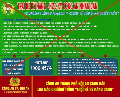 Công an Hội An cảnh báo thủ đoạn lừa đảo trại hè kỹ năng Công an nhân dân- Ảnh 1. Thông tin cảnh báo lừa đảo được Công an thành phố Hội An đăng tải - Ảnh chụp màn hình