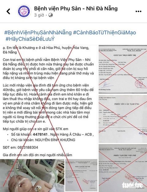 Cảnh báo xuất hiện phiếu tạm ứng giả dấu đỏ bệnh viện ‘kêu gọi tiền cứu con’- Ảnh 1. Bệnh viện cảnh báo bài đăng kêu gọi từ thiện giả mạo - Ảnh: chụp màn hình
