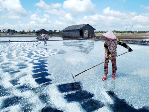 Bà con miền Tây vật lộn mưu sinh trong nắng cháy da- Ảnh 1. Diêm dân Bến Tre thu hoạch muối dưới cái nắng gay gắt đầu tháng 4-2024 - Ảnh: MẬU TRƯỜNG