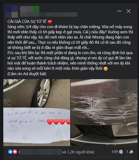 Mẩu giấy xin lỗi khi làm xước xe làm ấm lòng cộng đồng- Ảnh 1. Câu chuyện gây xúc động cộng đồng mạng - Ảnh chụp màn hình