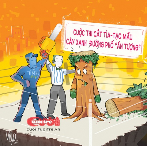 Giải nhất cuộc thi 'hớt tóc' cây xanh đô thị- Ảnh 1. Cuộc thi cắt tỉa cây xanh đô thị - Biếm họa của Viiip