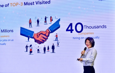 Xu hướng ứng dụng AI vào các lĩnh vực đào tạo, giáo viên và việc làm- Ảnh 14. Bà Đào Thu Phương, CEO Vieclam24h.vn, giới thiệu đồ hoạ về tuyển dụng đầu tiên do mình tự làm bằng AI tại hội thảo - Ảnh: T.T.D.