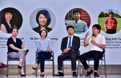 Xu hướng ứng dụng AI vào các lĩnh vực đào tạo, giáo viên và việc làm- Ảnh 7. Ông Đặng Anh Tuấn (bìa phải) phát biểu về ứng dụng AI trong toà soạn tại phiên thảo luận - Ảnh: T.T.D.