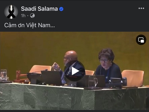 Đại sứ Palestine Saadi Salama cảm ơn sự ủng hộ của Việt Nam tại Liên Hiệp Quốc ngày 11-5 - Ảnh: Ảnh chụp màn hình Facebook Đại sứ Palestine Saadi Salama cảm ơn sự ủng hộ của Việt Nam tại Liên Hiệp Quốc ngày 11-5 - Ảnh: Chụp màn hình Facebook