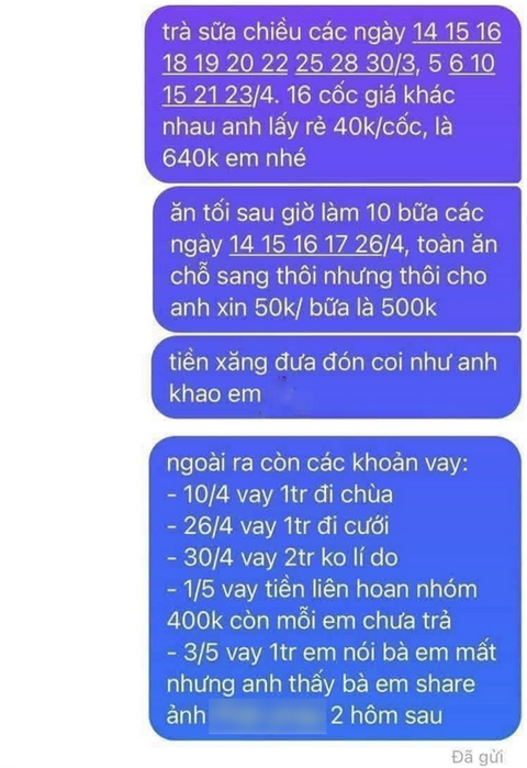 Nhận câu 'chỉ coi là bạn', chàng trai đòi lại tiền 16 cốc trà sữa- Ảnh 1. Danh sách chi tiết số tiền đã chi cho