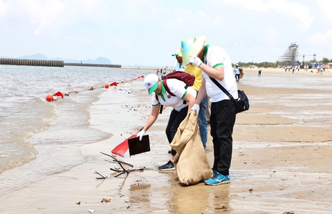 Phái đoàn châu Âu cùng gom rác trên biển Hạ Long- Ảnh 2. Các đại biểu thu gom rác tại khu vực bờ biển dài khoảng 1km ở Hạ Long, Quảng Ninh - Ảnh: T.DƯƠNG