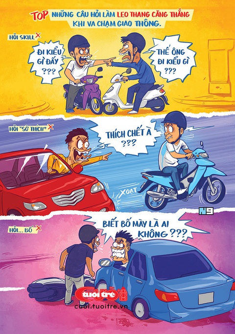 Va chạm giao thông và những câu hỏi làm leo thang căng thẳng- Ảnh 1. Va chạm giao thông và những câu hỏi làm leo thang căng thẳng - Tranh: Hải Nam
