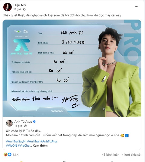 Anh Tú khoe profile hoàn hảo không tì vết, Diệu Nhi nhanh chóng vào 'bóc phốt' chồng- Ảnh 3. Diệu Nhi share profile viết tay của Anh Trai Anh Tú Atus về fanpage của mình với dòng trạng thái bày tỏ thái độ “thấy ghét” vì độ tự luyến của chồng