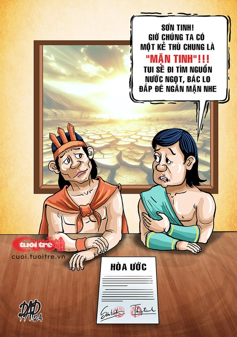 Sơn Tinh, Thủy Tinh làm hòa vì không chịu được... mặn- Ảnh 1. Sơn Tinh, Thủy Tinh làm hòa vì không chịu được mặn - Tranh: DAD