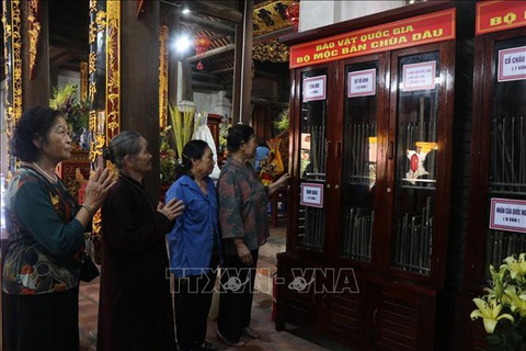 Công nhận Bảo vật quốc gia đối với Mộc bản chùa Dâu- Ảnh 2. Người dân chiêm ngưỡng bảo vật quốc gia Mộc bản chùa Dâu - Ảnh: TTXVN