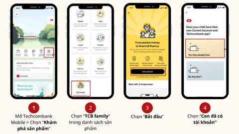 Đâu là bí quyết giúp con biết tự chủ tài chính?- Ảnh 3. echcombank Family thiết kế lộ trình từng bước để bố mẹ có thể dễ dàng đồng hành cùng con: Đăng ký - Thiết lập tính năng - Quản lý chi tiêu của con ngay trên ứng dụng Techcombank - Ảnh: TCB