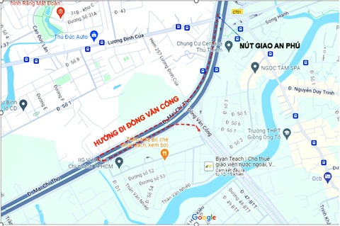 Điều chỉnh giao thông mới nhất tại nút giao An Phú từ 15-5- Ảnh 2. Lộ trình thay thế rẽ trái vào đường Đồng Văn Cống cho dân đi lại - Ảnh: Ban Quản lý dự án đầu tư xây dựng các công trình giao thông TP.HCM
