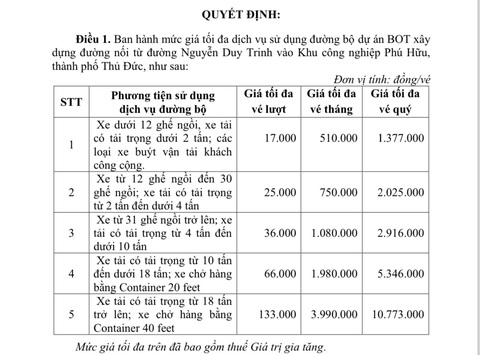 Đề xuất tính lại phương án thu phí BOT Phú Hữu- Ảnh 2. Mức thu phí cụ thể cho các loại xe đi lại qua BOT Phú Hữu - Nguồn: Quyết định của UBND TP.HCM