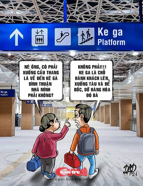 Sao phải dùng từ 'ke ga' mà không là sân ga, cửa ga, trạm chờ...- Ảnh 3. Ke ga hổng phải là Kê Gà bà ơi! - Tranh: DAD