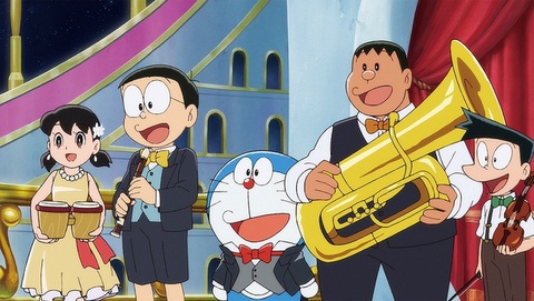 Doraemon, Nobita và bản giao hưởng Địa Cầu: Chưa phải một chuyến phiêu lưu đáng nhớ- Ảnh 2. Ban nhạc của nhạc trưởng Doraemon: Shizuka bộ gõ, Nobita kèn sáo, Jaian kèn tuba và Suneo violin - Ảnh: Toho