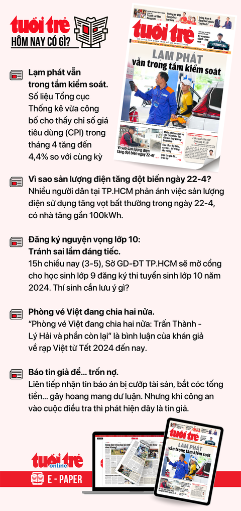 Tin tức sáng 3-5: Giá USD chợ đen lại nóng, thêm ngân hàng tăng lãi suất- Ảnh 5. Tin tức chính trên Tuổi Trẻ nhật báo hôm nay 3-5. Để đọc Tuổi Trẻ báo in phiên bản E-paper, mời bạn đăng ký Tuổi Trẻ Sao TẠI ĐÂY