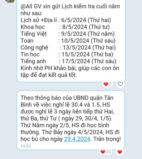 Nắng nóng gay gắt, sao không để học sinh tự học bù ở nhà?- Ảnh 2. Tin nhắn thông báo học sinh đi học bù vào thứ bảy do giáo viên gửi phụ huynh - Ảnh chụp màn hình