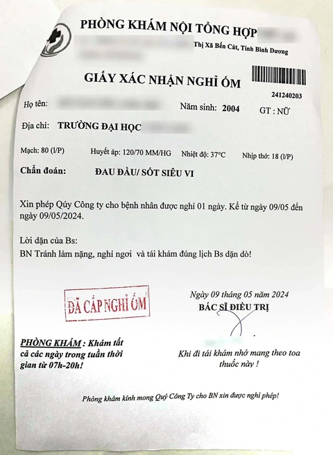 Bi hài Giấy nghỉ ốm do phòng khám M.A. ở Bến Cát, Bình Dương cấp - Ảnh: VŨ HIÊN