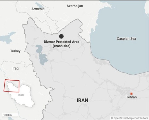Khu vực chiếc trực thăng chở Tổng thống Iran Ebrahim Raisi được cho là bị rơi vào ngày 19-5. Trên bản đồ là vị trí đánh dấu Khu vực chiếc trực thăng chở Tổng thống Iran Ebrahim Raisi được cho là bị rơi vào ngày 19-5. Trên bản đồ là vị trí đánh dấu