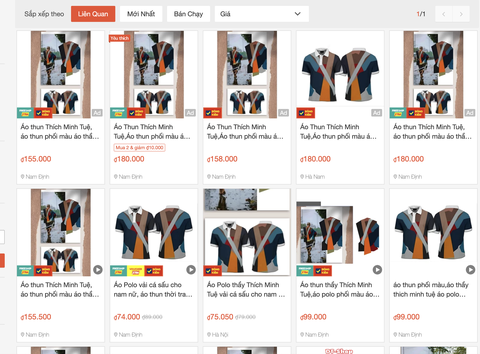 Shop thời trang online đua thiết kế, bán trang phục 'bắt trend' thầy Thích Minh Tuệ- Ảnh 2. Các mẫu áo thun phỏng theo màu sắc trang phục thầy Thích Minh Tuệ ngập tràn chợ mạng - Ảnh chụp màn hình