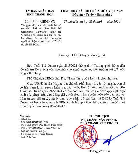 Chỉ đạo làm rõ vụ trường phổ thông dân tộc nội trú lấy phòng của học sinh cho người ngoài ở- Ảnh 2. Công văn chỉ đạo của UBND tỉnh Thanh Hóa - Ảnh: HÀ ĐỒNG