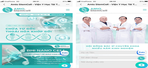 Quảng cáo trái phép của cơ sở trên không gian mạng - Ảnh: Sở Y tế TP.HCM cung cấp Quảng cáo trái phép của cơ sở Amio StemCell trên mạng - Ảnh: Sở Y tế TP.HCM cung cấp
