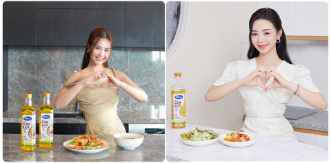 Vì sao nhiều sao nữ gọi dầu gạo lứt là 'điều diệu kỳ' cho sức khỏe trái tim?- Ảnh 1. Dầu gạo lứt là loại dầu ăn được diễn viên Huyền Lizzie (trái) và diễn viên Quỳnh Kool tin dùng để bảo vệ sức khỏe tim mạch