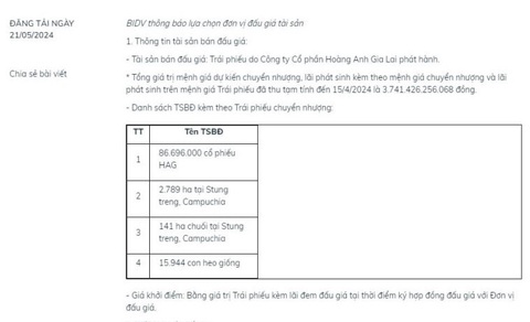 Diễn biến món nợ lớn nhất thế chấp cổ phiếu, heo giống… của công ty bầu Đức- Ảnh 2. BIDV thông báo lựa chọn đơn vị đấu giá tài sản - Ảnh chụp màn hình