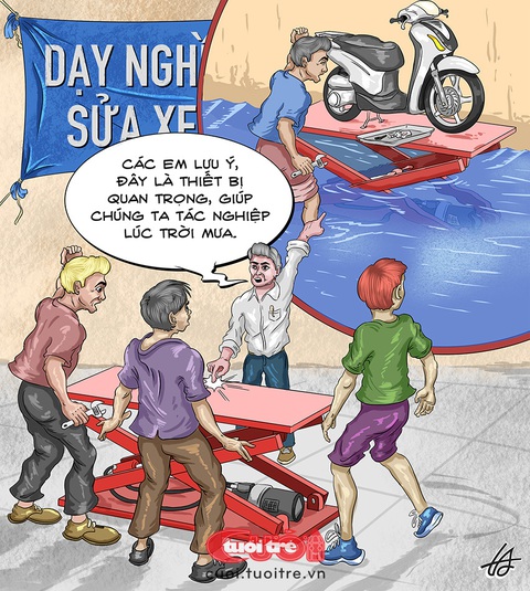 'Kỹ năng sinh tồn' trong mùa mưa ở TP Thủ Đức- Ảnh 2. Thiết bị quan trọng giúp tác nghiệp trong mùa mưa - Tranh: Nguyễn Tuấn Anh