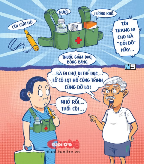 Trang bị cả còi cứu hộ để.. đi chợ- Ảnh 1. Đi chợ an toàn không lo lọt hố - Tranh: Hải Nam
