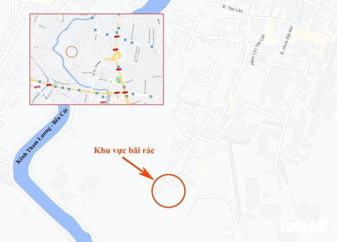 Ớn lạnh nơi ngập rác y tế cùng hàng ngàn chai lọ không nhãn mác- Ảnh 16. Khu vực bãi rác nằm cách kênh Tham Lương - Bến Cát gần 300m, từ đường Tây Lân (quận Bình Tân) đi vào khoảng 800m - Ảnh: CHÂU TUẤN