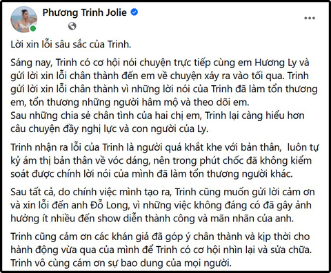 Tâm thư xin lỗi của Phương Trinh Jolie trên trang cá nhân Tâm thư xin lỗi của Phương Trinh Jolie trên trang cá nhân