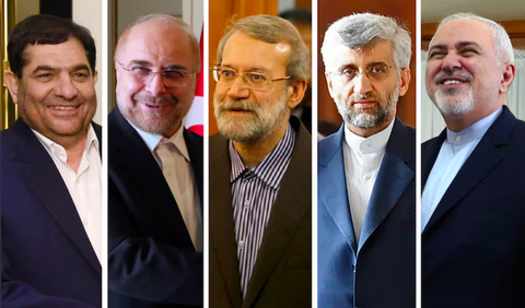 Iran bắt đầu quá trình bầu tổng thống, lộ diện 5 ứng viên- Ảnh 1. Các ứng viên tiềm năng cho vị trí tổng thống Iran. Từ trái sang là các ông Mohammad Mokhber, Mohammad Bagher Ghalibaf, Ali Larijani, Saeed Jalili và Mohammad Javad Zarif - Ảnh: THE NATIONAL