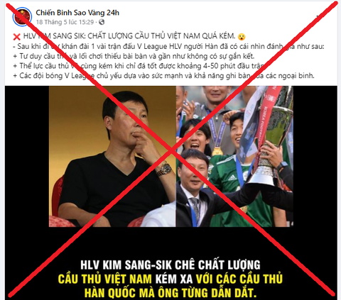 Nhiều trang mạng xã hội đăng tải thông tin bịa đặt những phát ngôn của HLV Kim Sang Sik nhằm mục đích 'câu view' - Ảnh: Chụp màn hình Nhiều trang mạng xã hội đăng tải thông tin bịa đặt những phát ngôn của HLV Kim Sang Sik nhằm mục đích câu view - Ảnh chụp màn hình