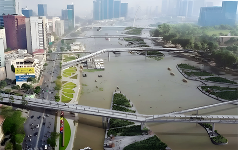 Đề xuất xây đảo nổi giữa sông Sài Gòn có trái quy luật tự nhiên và cảnh quan đô thị?- Ảnh 3. Phối cảnh kết nối hai bờ sông trung tâm TP.HCM bằng các đảo nổi trên sông của các chuyên gia đề xuất - Ảnh: Liên danh tư vấn