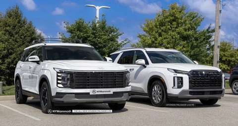 Hyundai Palisade 2025 dự kiến như Santa Fe 'phóng to', thêm tùy chọn động cơ hybrid- Ảnh 1. Dự đoán thiết kế Hyundai Palisade đời mới (trái) so với mẫu xe hiện tại (phải) - Ảnh: NyMammoth