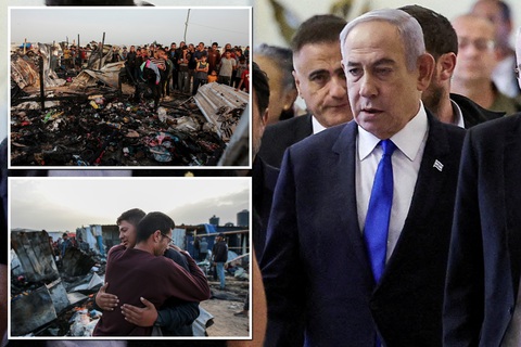 Israel không kích trại tị nạn ở Rafah: Nhiều nước phẫn nộ, ông Netanyahu nhận sai lầm- Ảnh 1. Thủ tướng Israel Benjamin Netanyahu và trại tị nạn ở Rafah sau khi bị quân đội Israel không kích trúng - Ảnh: NEW YORK POST