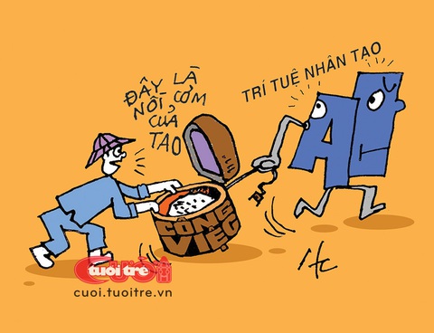 AI giành nồi cơm với con người nhưng không phải ai cũng sợ- Ảnh 1. AI giành nồi cơm với người lao động - Tranh: Hà Huy Chương