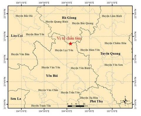 Động đất ở Lục Yên, Yên Bái- Ảnh 1. Bản đồ tâm chấn trận động đất ở Lục Yên, Yên Bái chiều 29-5 - Ảnh: Viện Vật lý địa cầu