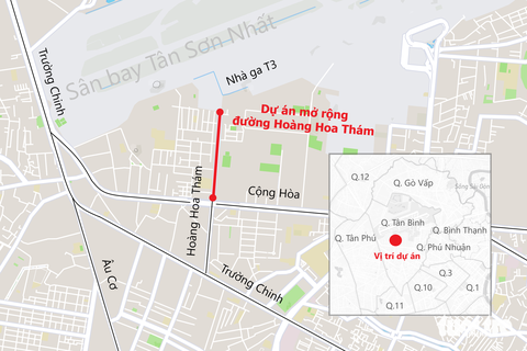 Dọn gần 100 cây xanh để mở rộng đường vào sân bay Tân Sơn Nhất- Ảnh 3. Vị trí dự án mở rộng đường Hoàng Hoa Thám từ đường Cộng Hòa đến sân bay Tân Sơn Nhất - Đồ họa: PHƯƠNG NHI