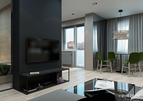 Độc đáo căn hộ studio nhỏ mà... không nhỏ- Ảnh 5. Vách ngăn nơi đặt bàn ăn được lắp kính để làm rộng không gian - Ảnh: YØ DEZEEN