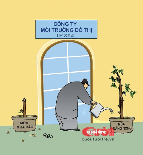Lãnh trọn 'cực tím thần chưởng' vì cây xanh không lớn kịp- Ảnh 1. Cây xanh không lớn kịp trong mùa hè - Biếm họa của B.Ba