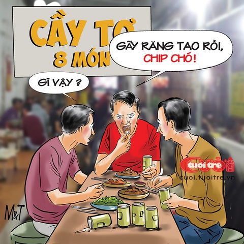 Bối rối với chó gắn chip trên bàn nhậu- Ảnh 2. Gãy răng vì chó gắn chip - Tranh: Đỗ Minh Tuấn