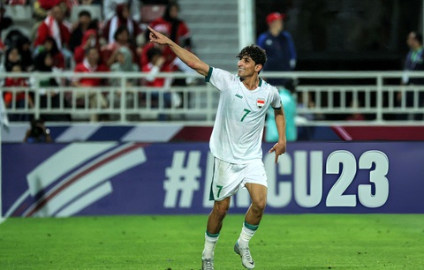 Thua Iraq, U23 Indonesia phải tranh vé vớt dự Olympic 2024 với Guinea- Ảnh 2. Ali Jasim là người ghi bàn thắng quyết định giúp U23 Iraq giành vé đến với Olympic 2024- Ảnh: GETTY