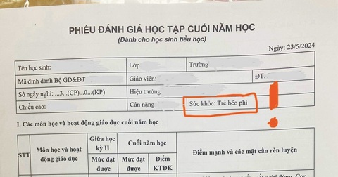 Phiếu kết quả học tập ghi Phiếu đánh giá học tập của con gái chị Thương (đã xóa dữ liệu cá nhân của học sinh)