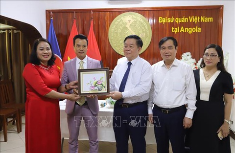 Thúc đẩy quan hệ đoàn kết, hữu nghị, hợp tác truyền thống Việt Nam - Angola- Ảnh 3. Trưởng Ban Tuyên giáo Trung ương Nguyễn Trọng Nghĩa tặng quà lưu niệm cho đại diện cộng đồng người Việt Nam tại Angola - Ảnh: TTXVN